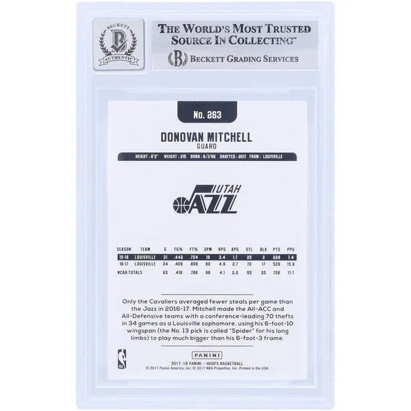 Donovan Mitchell Signed 2017-18 Panini Hoops #263 Rookie Card | Beckett Graded 10