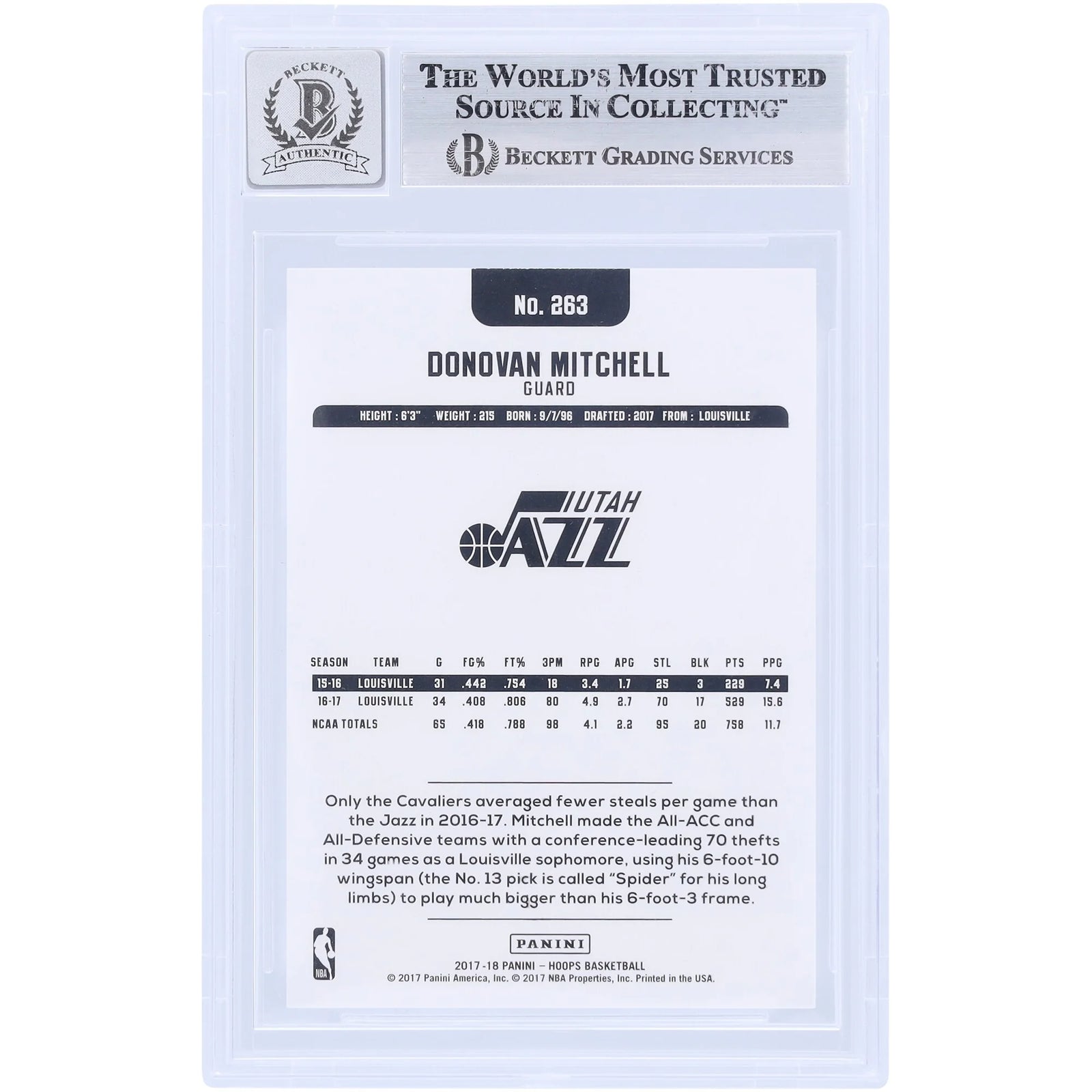 Donovan Mitchell Signed 2017-18 Panini Hoops #263 Rookie Card | Beckett Graded 10