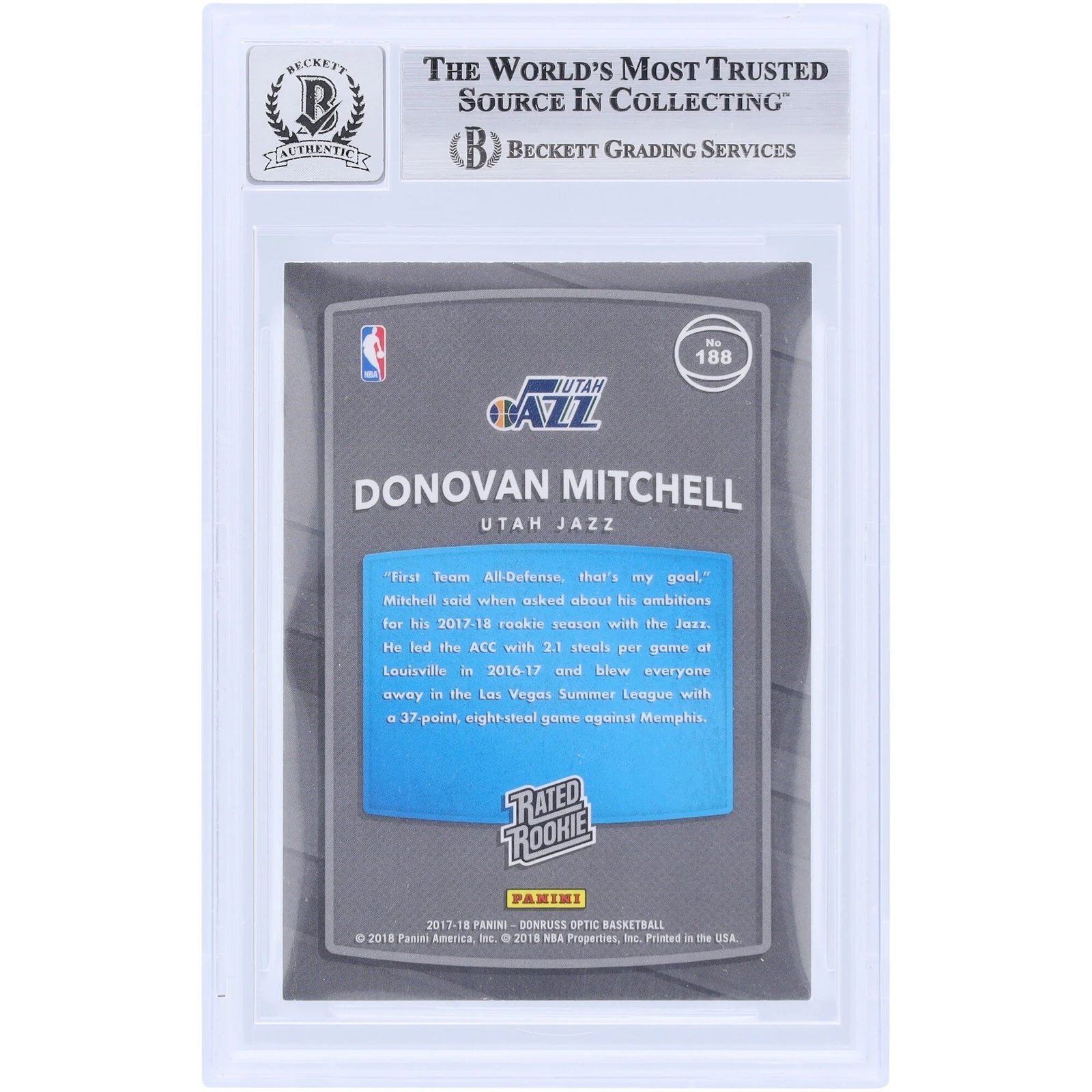 Donovan Mitchell Signed 2017-18 Panini Donruss Optic #188 Rookie Card | Beckett 10