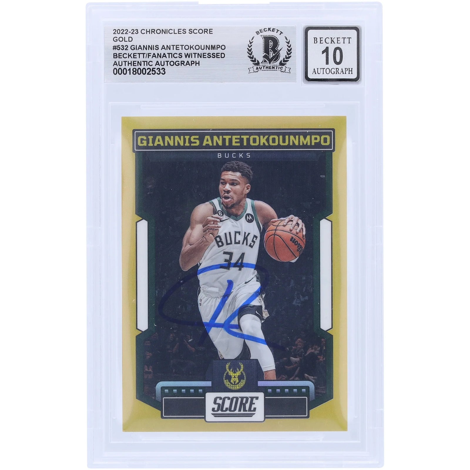 Giannis Antetokounmpo Signed 2022-23 Panini Chronicles Score Gold Card | Beckett 10