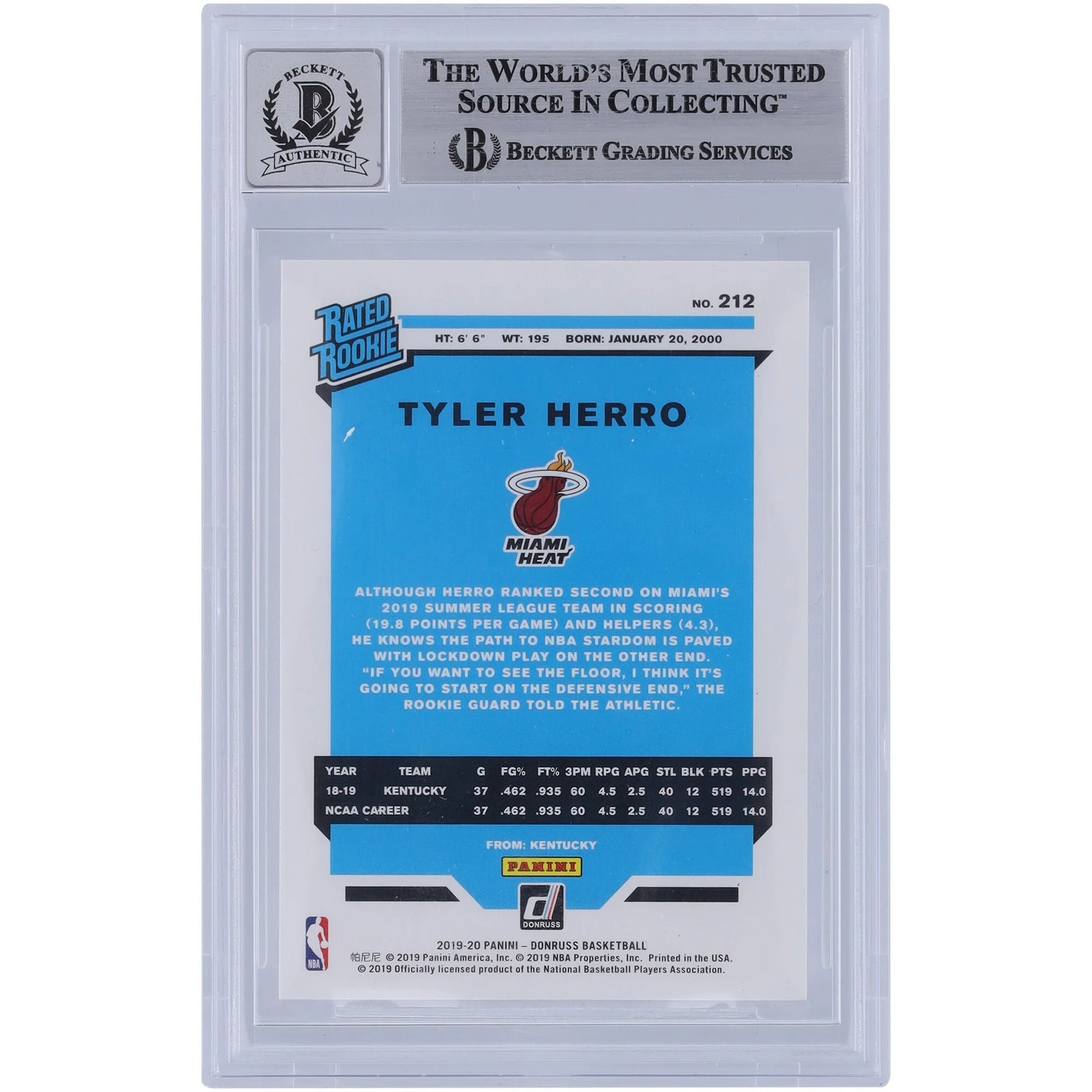 Tyler Herro Signed 2019-20 Panini Donruss #212 Rookie Card | Beckett Graded 9