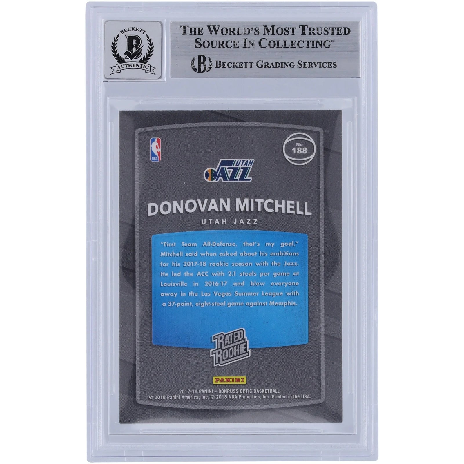 Donovan Mitchell Signed 2017-18 Panini Donruss Optic #188 Rookie Card | Beckett Authentica