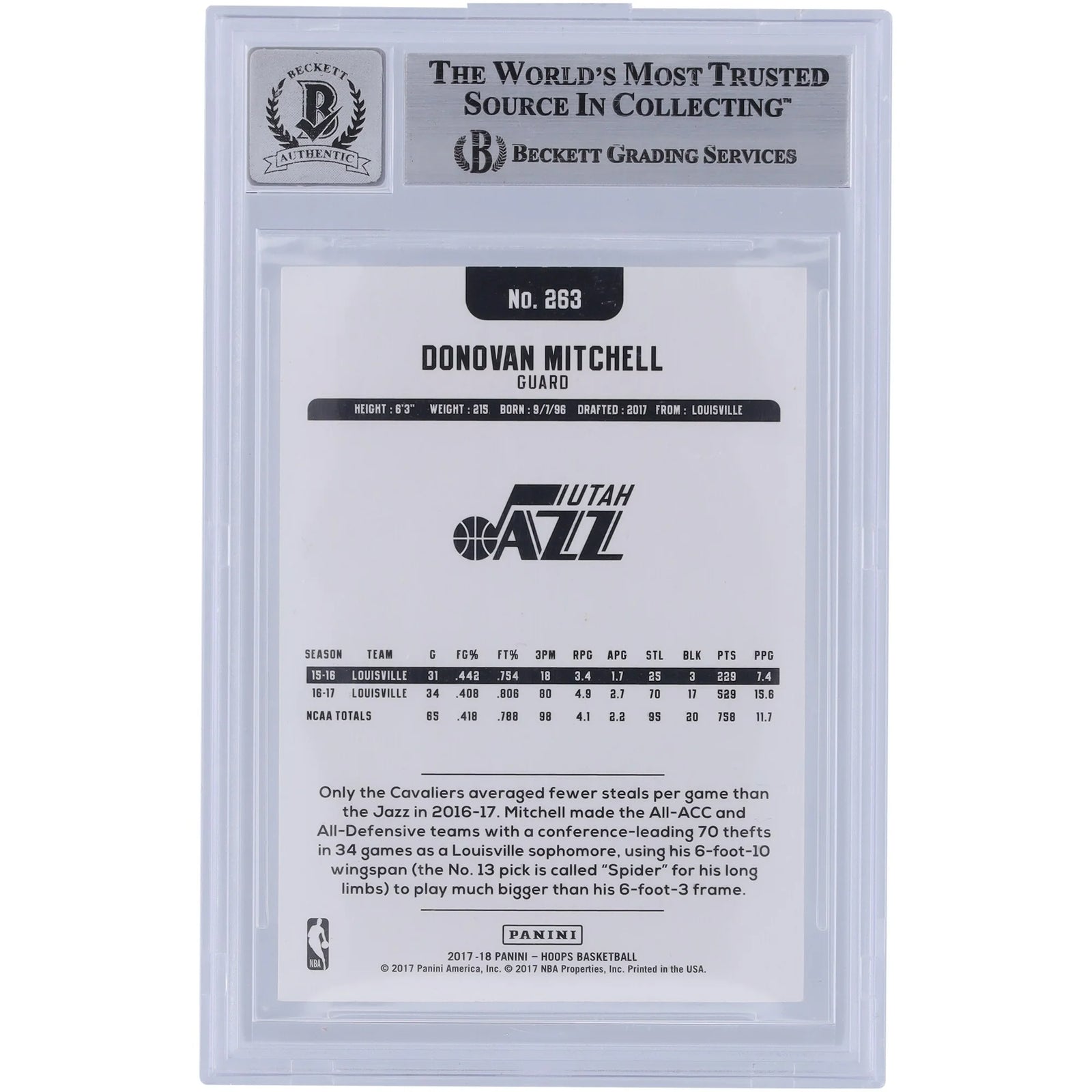 Donovan Mitchell Signed 2017-18 Panini Hoops #263 Rookie Card | Beckett Authenticated 9/10