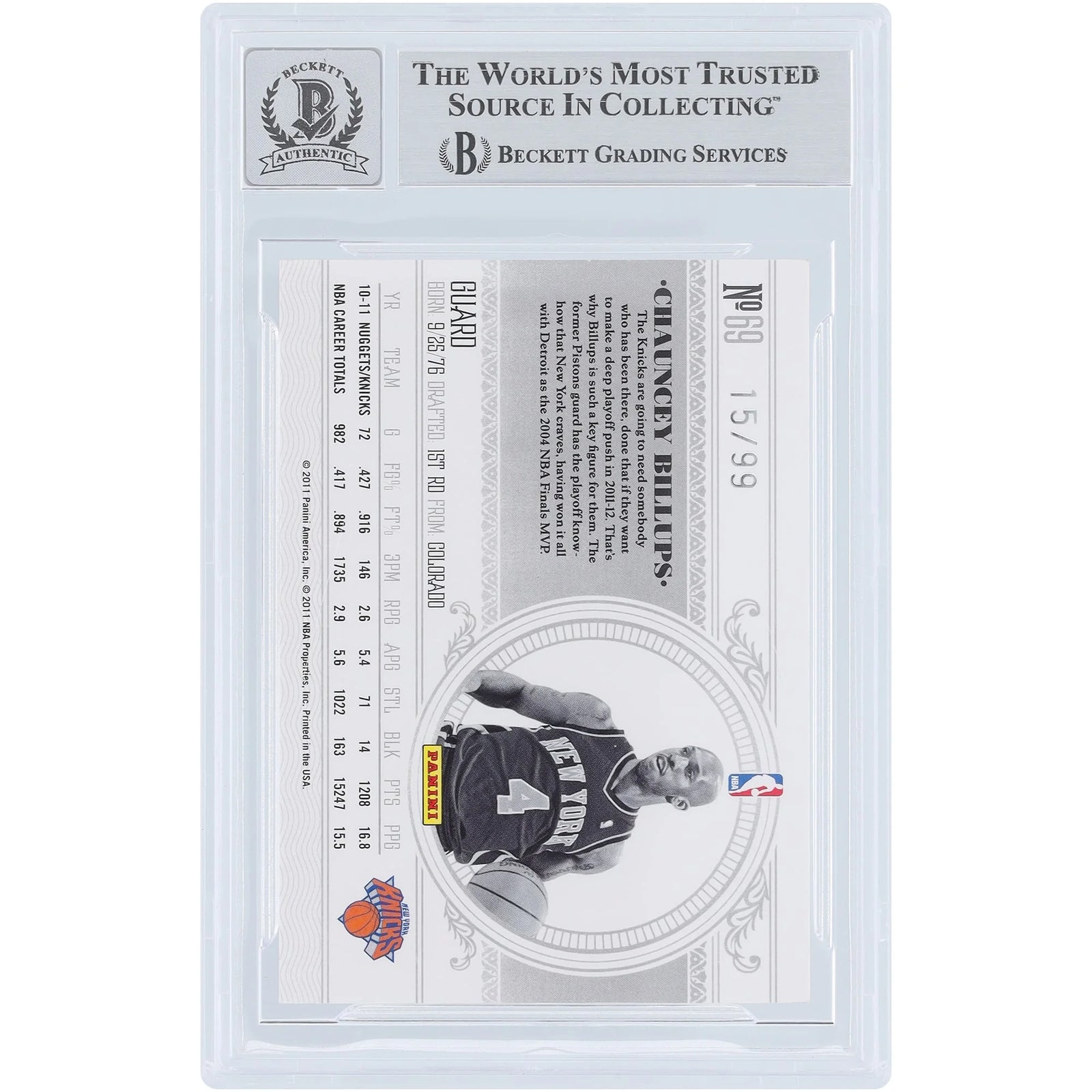 Chauncey Billups Signed 2010-11 Panini National Treasures Card #69 | #/99 Graded 10