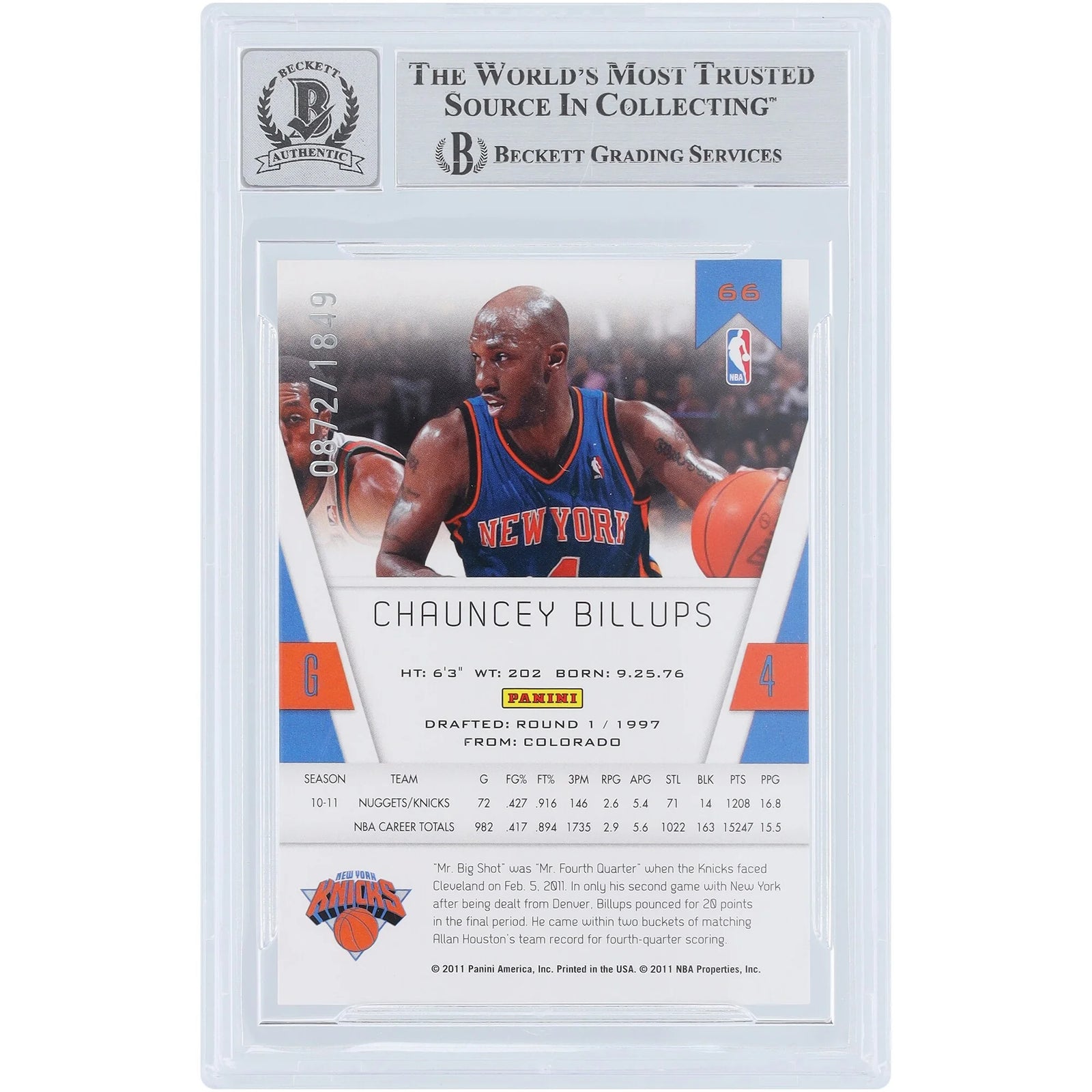 Chauncey Billups Signed 2010-11 Panini Totally Certified Card | Knicks #66