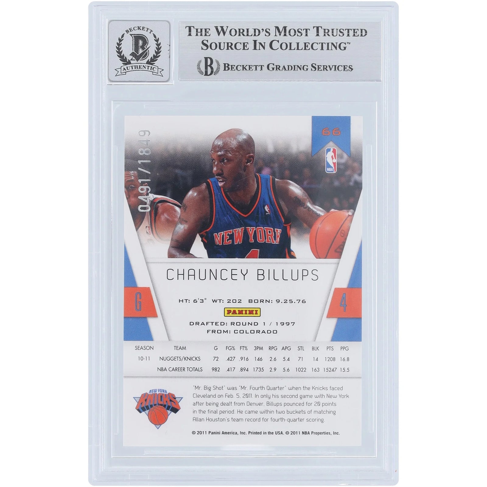 Chauncey Billups Signed 2010-11 Panini Totally Certified #66 Card | Knicks