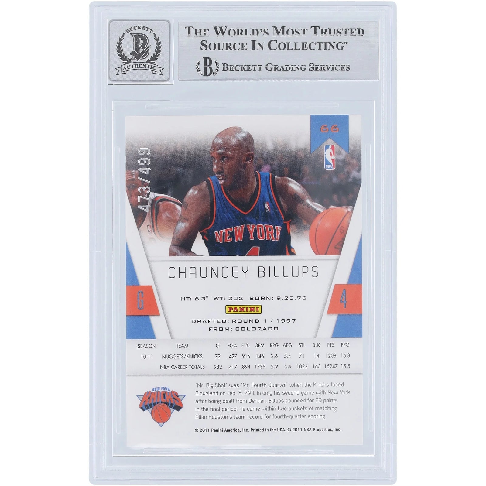 Chauncey Billups Signed 2010-11 Panini Totally Certified #66 Card | Knicks #/499
