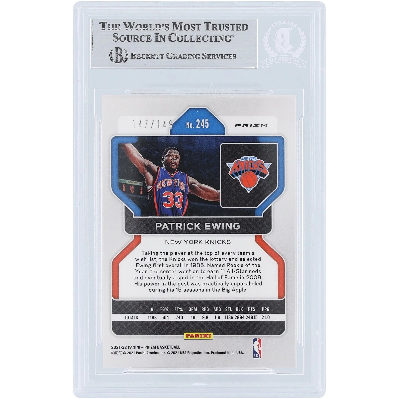 Patrick Ewing Signed 2021-22 Panini Prizm Purple Ice Card #245 | Knicks