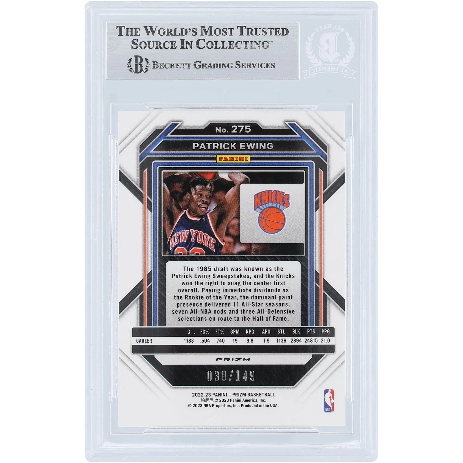 Patrick Ewing Signed 2022-23 Panini Prizm Purple Ice #275 | #/149