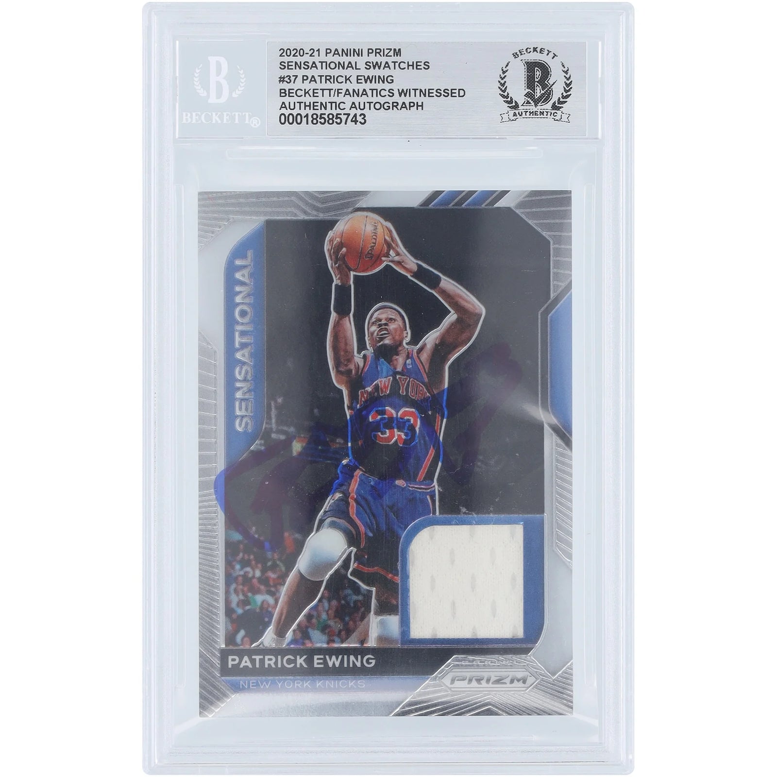 Patrick Ewing New York Knicks Autographed 2020-21 Panini Prizm Sensational Swatches Jersey Relic #SSW-PEW Beckett Fanatics Witnessed Authenticated Card - F2