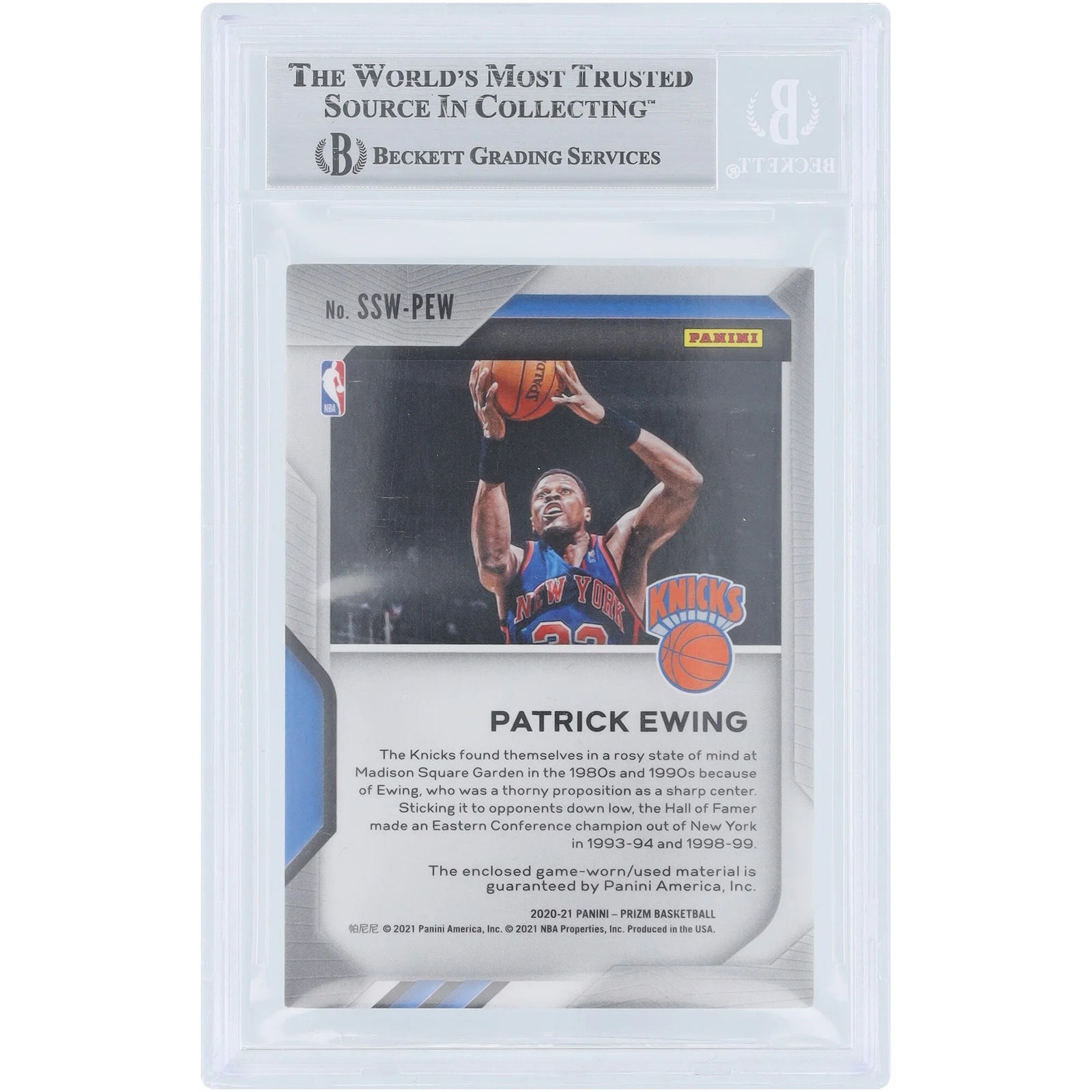 Patrick Ewing New York Knicks Autographed 2020-21 Panini Prizm Sensational Swatches Jersey Relic #SSW-PEW Beckett Fanatics Witnessed Authenticated Card - F2