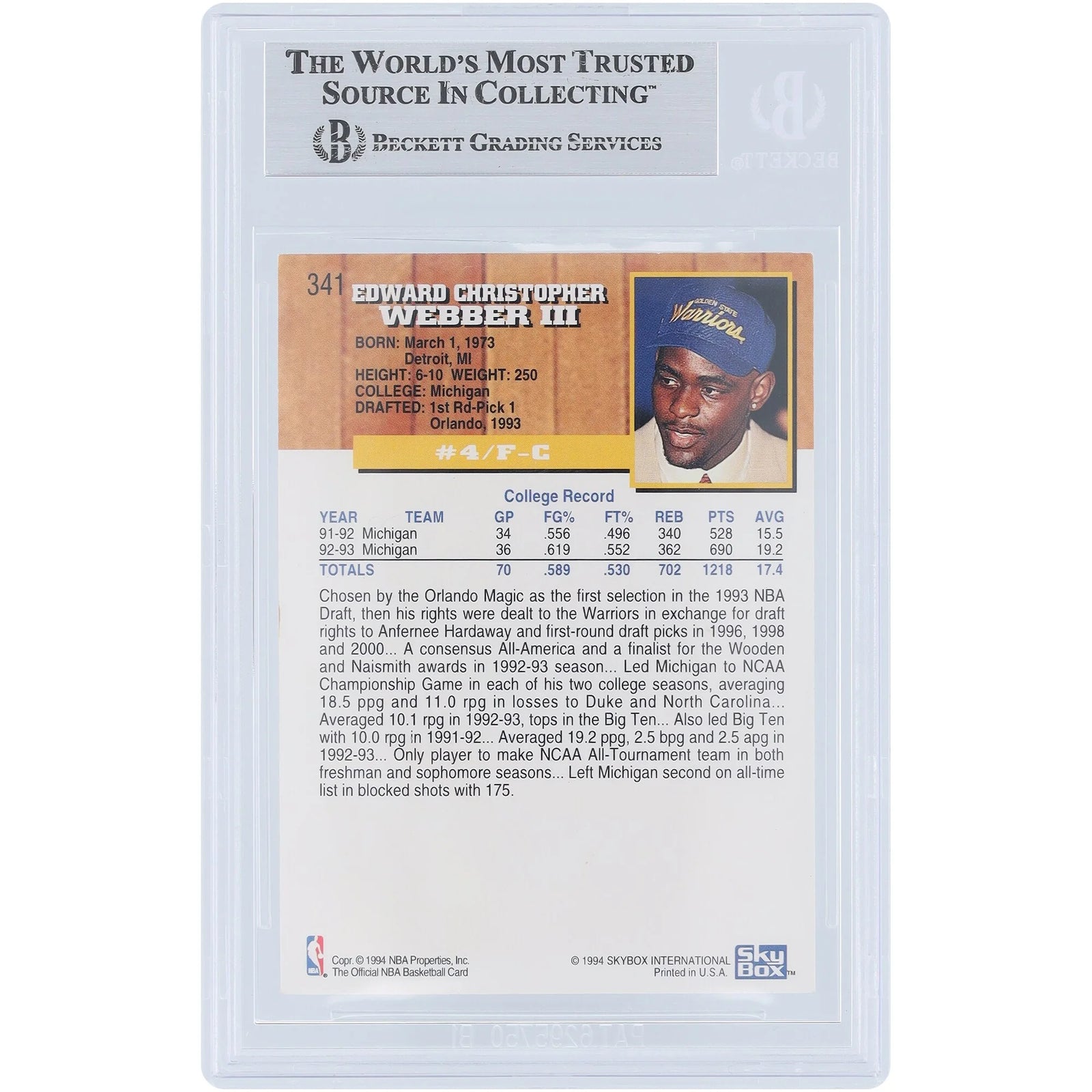 Chris Webber Signed 1993-94 Skybox NBA Hoops #341 Rookie Card | Beckett Witnessed