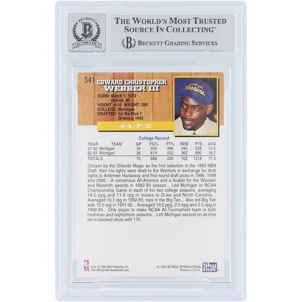Chris Webber Signed 1993-94 Skybox NBA Hoops #341 Rookie Card | Graded 10