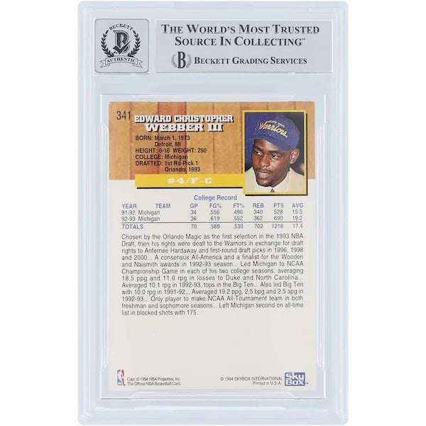 Chris Webber Signed 1993-94 Skybox NBA Hoops Gold #341 Rookie Card | Graded 10