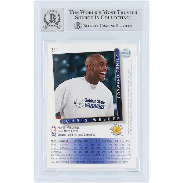 Chris Webber Signed 1993-94 Upper Deck #311 Rookie Card | Beckett 10