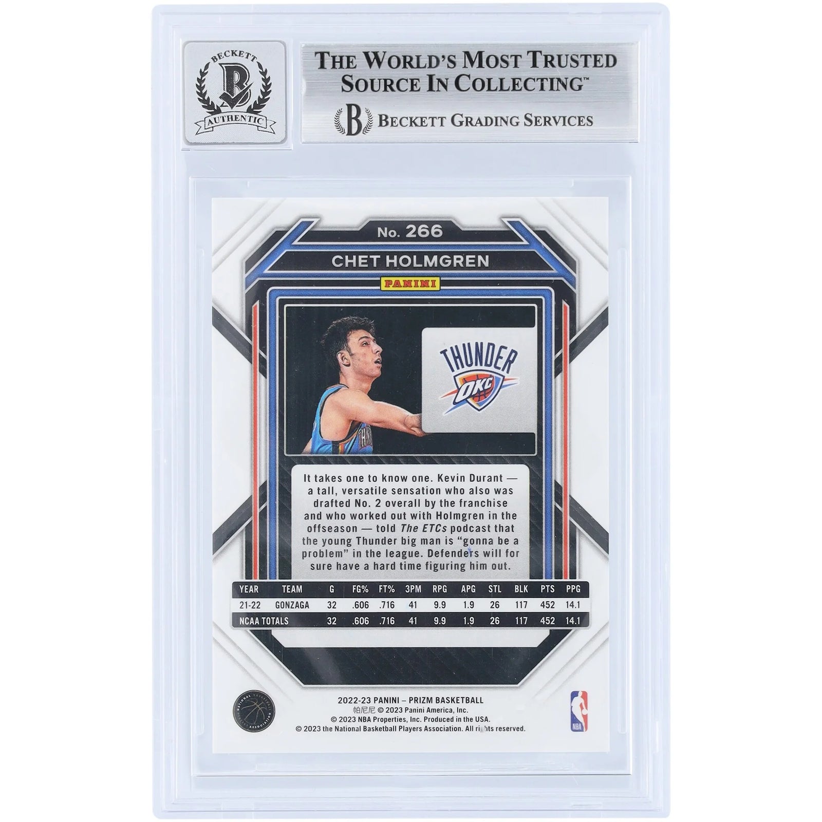 Chet Holmgren Signed 2022-23 Panini Prizm #266 Rookie Card | Beckett 9