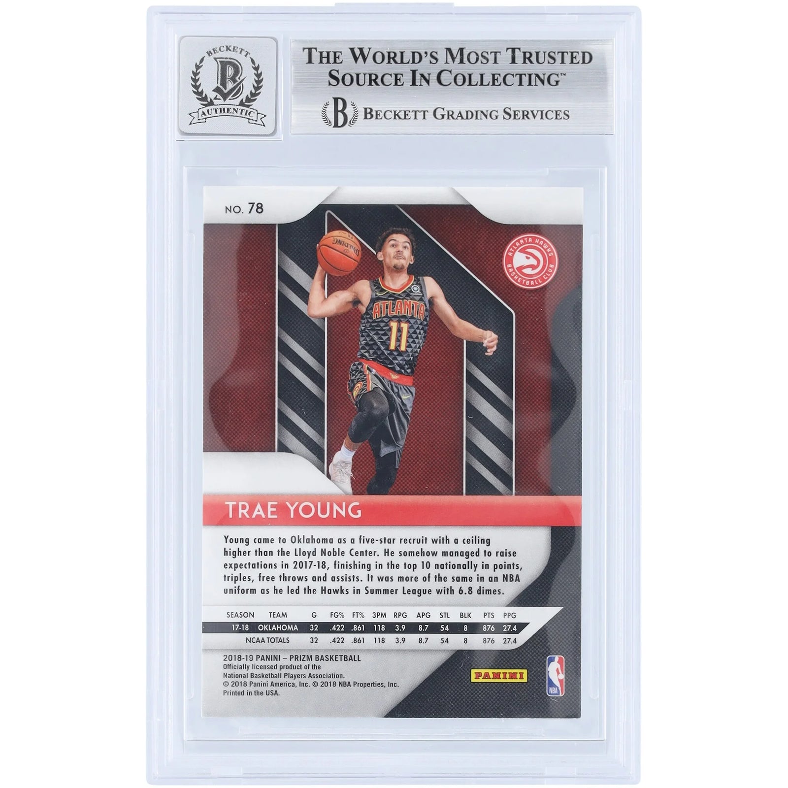 Trae Young Signed 2018-19 Panini Prizm #78 Rookie Card | Beckett 10