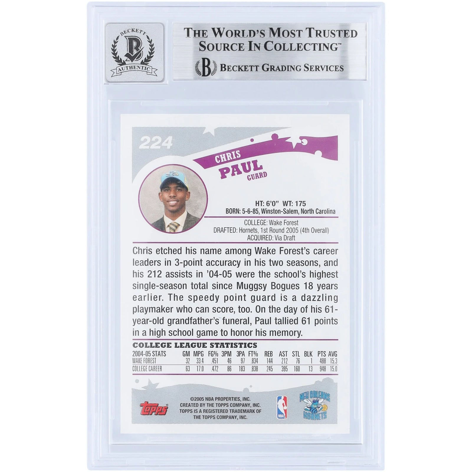 Chris Paul Signed 2005-06 Topps Rookie Card #224 | Beckett Graded 10