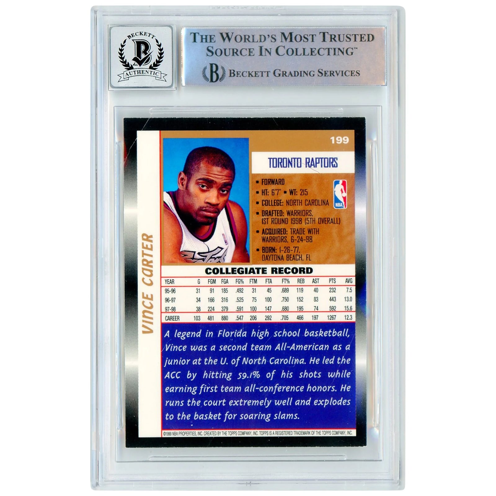 Vince Carter Signed 1998-99 Topps #199 Rookie Card | BGS 10