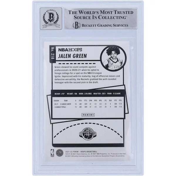Jalen Green Signed 2021-22 Panini NBA Hoops #218 Rookie Card | BGS 10