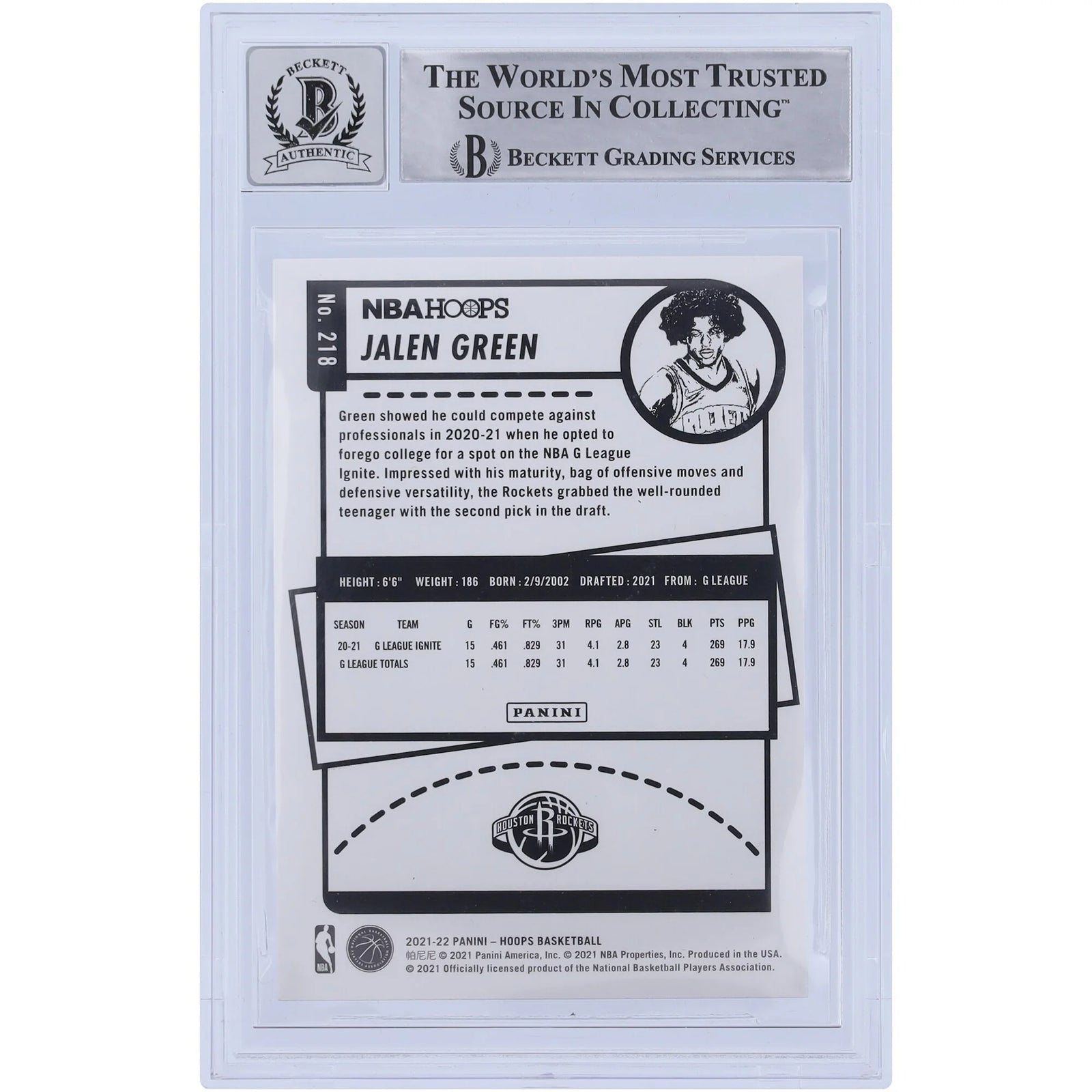 Jalen Green Signed 2021-22 Panini NBA Hoops #218 Rookie Card | BGS 10