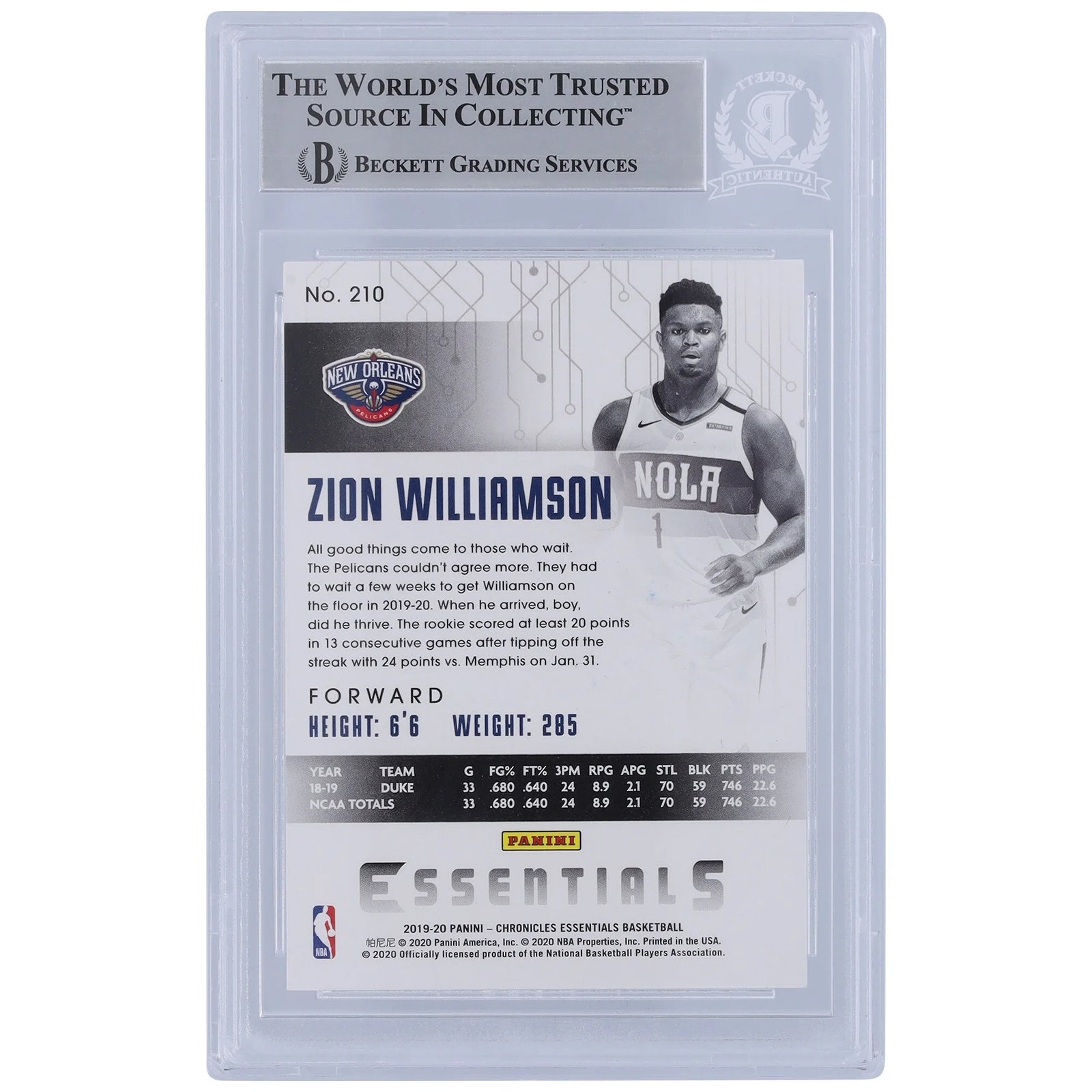 Zion Williamson Signed 2019-20 Panini Chronicles Essentials #210 Rookie Card | Beckett Wit