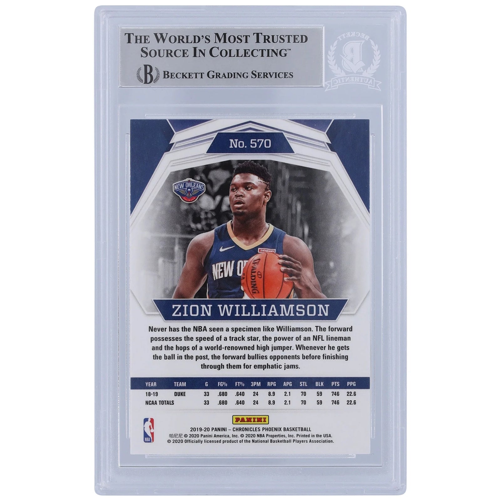 Zion Williamson Signed 2019-20 Panini Chronicles Rookie Card #570 | Beckett Witnessed
