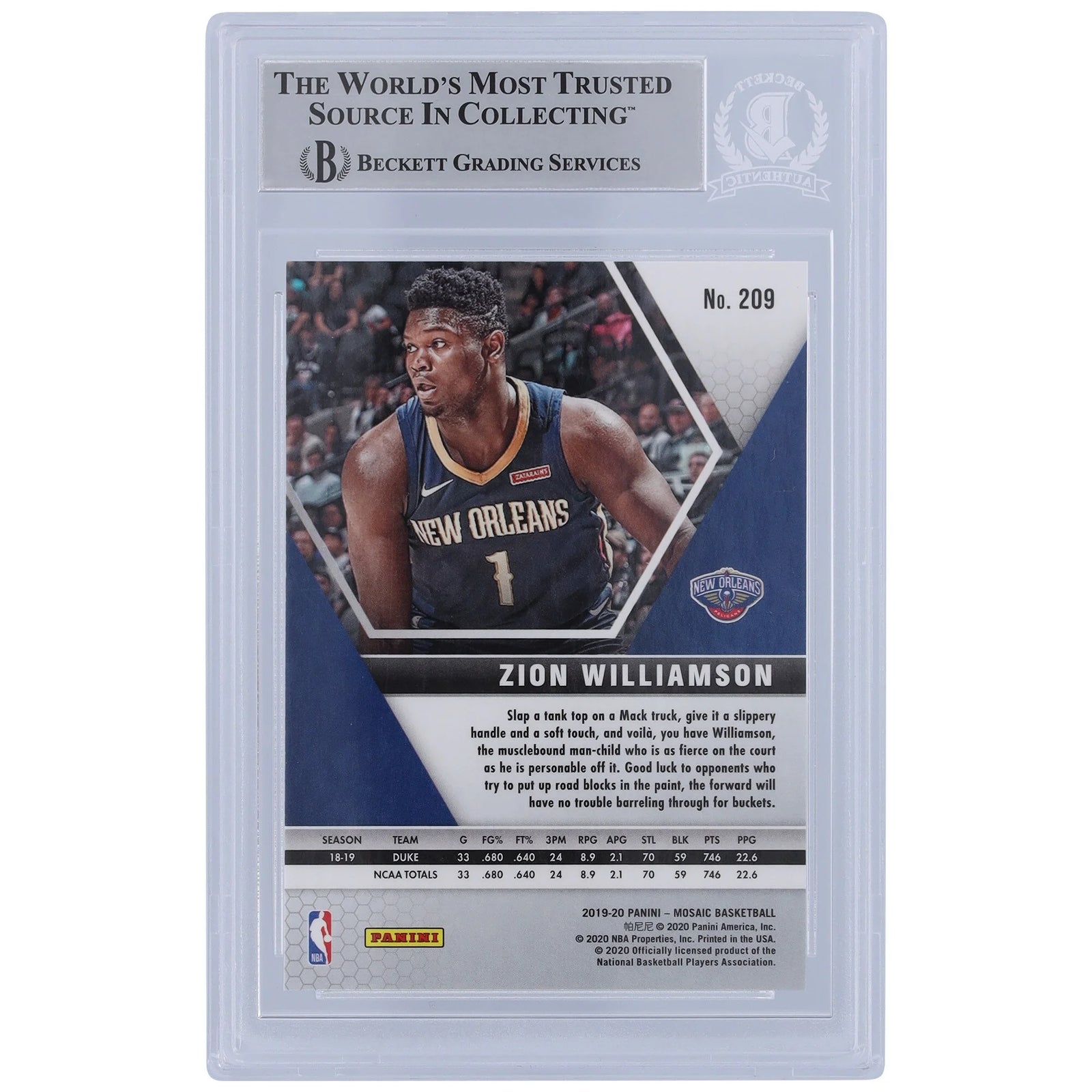 Zion Williamson Signed 2019-20 Panini Mosaic #209 Rookie Card | Beckett Witnessed