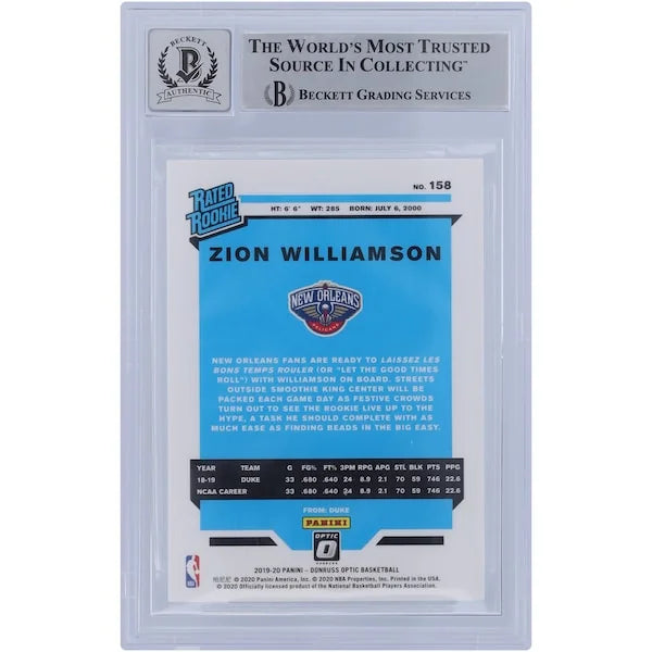 Zion Williamson Signed 2019-20 Panini Donruss Optic Rated Rookie #158 | BGS 10