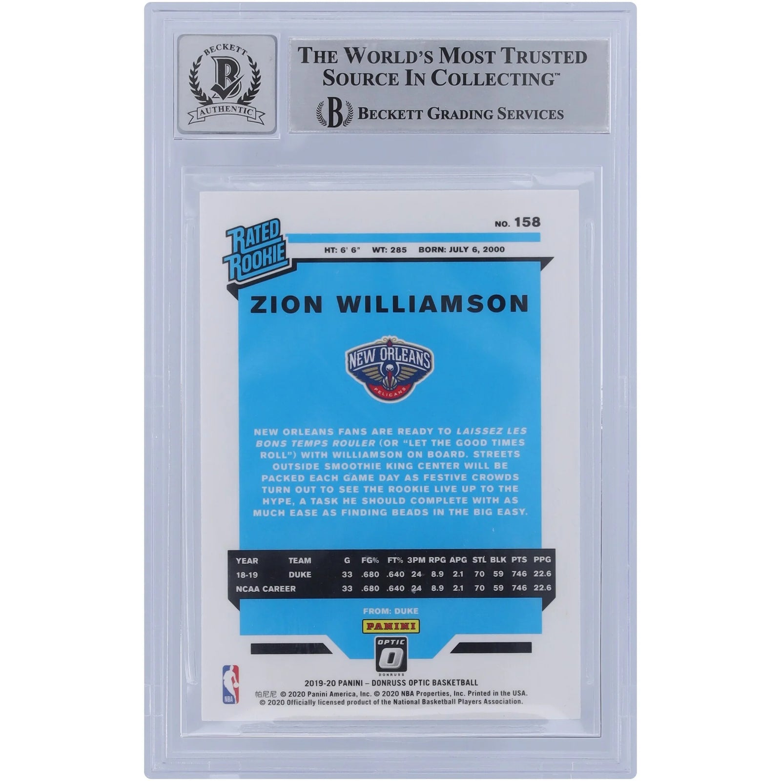 Zion Williamson Signed 2019-20 Panini Donruss Optic Rated Rookie #158 | BGS 10