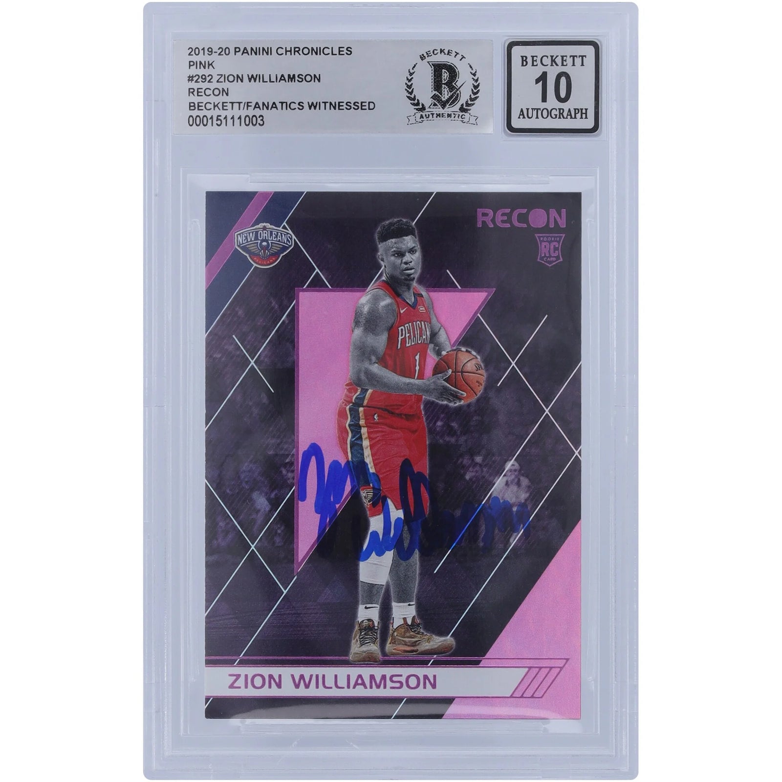 Zion Williamson Signed 2019-20 Panini Chronicles Recon Pink #292 | BGS 10 Rookie