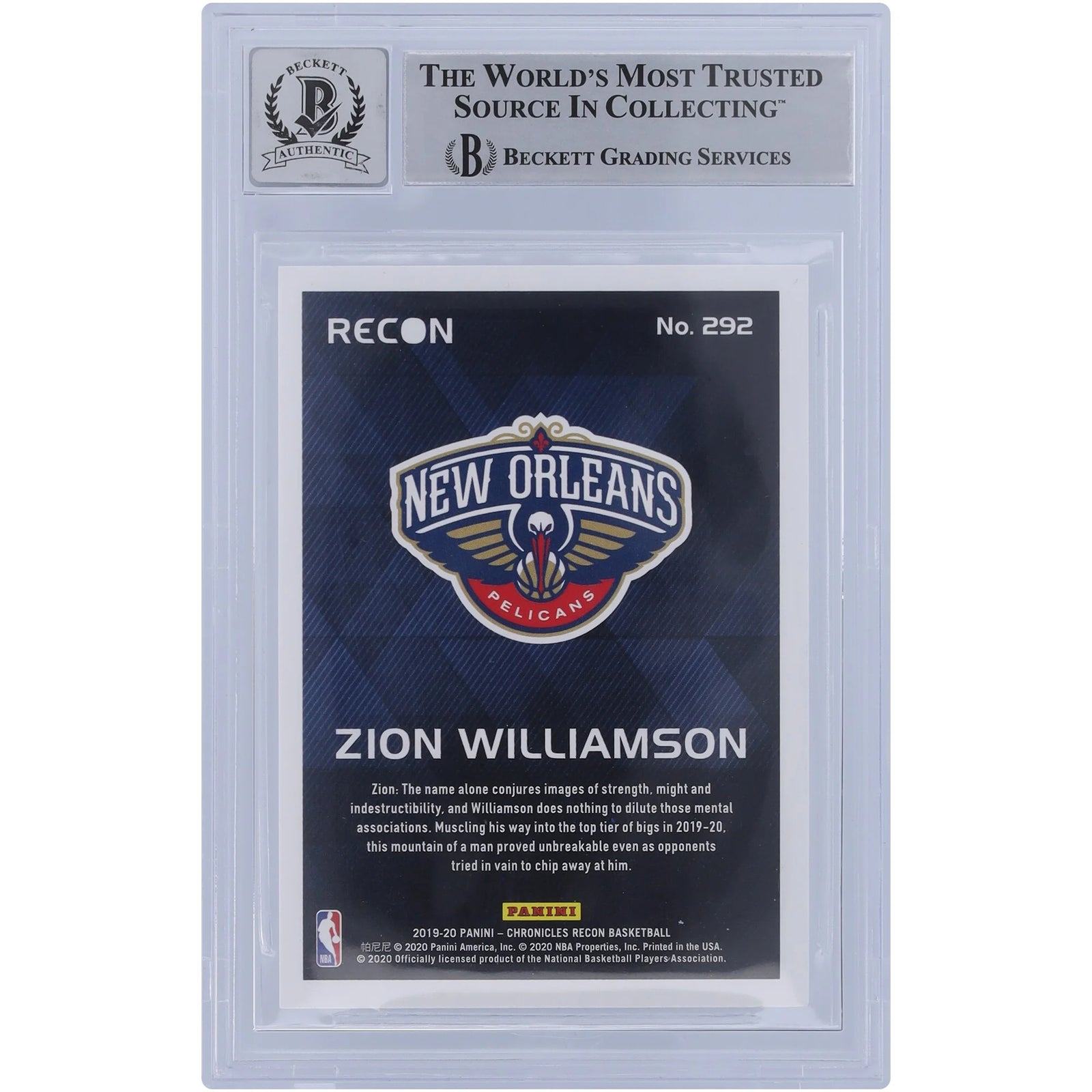 Zion Williamson Signed 2019-20 Panini Chronicles Recon Pink #292 | BGS 10 Rookie
