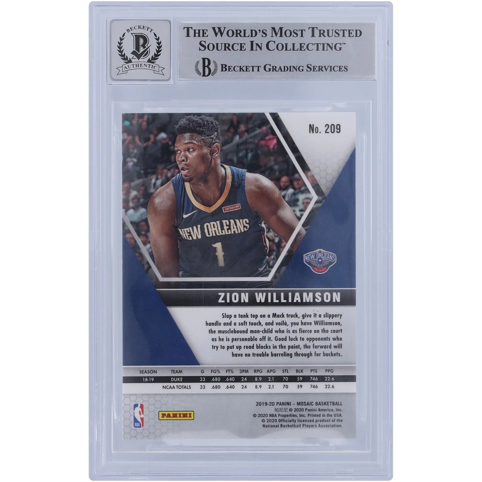Zion Williamson Signed 2019-20 Panini Mosaic #209 Rookie Card | BGS 10