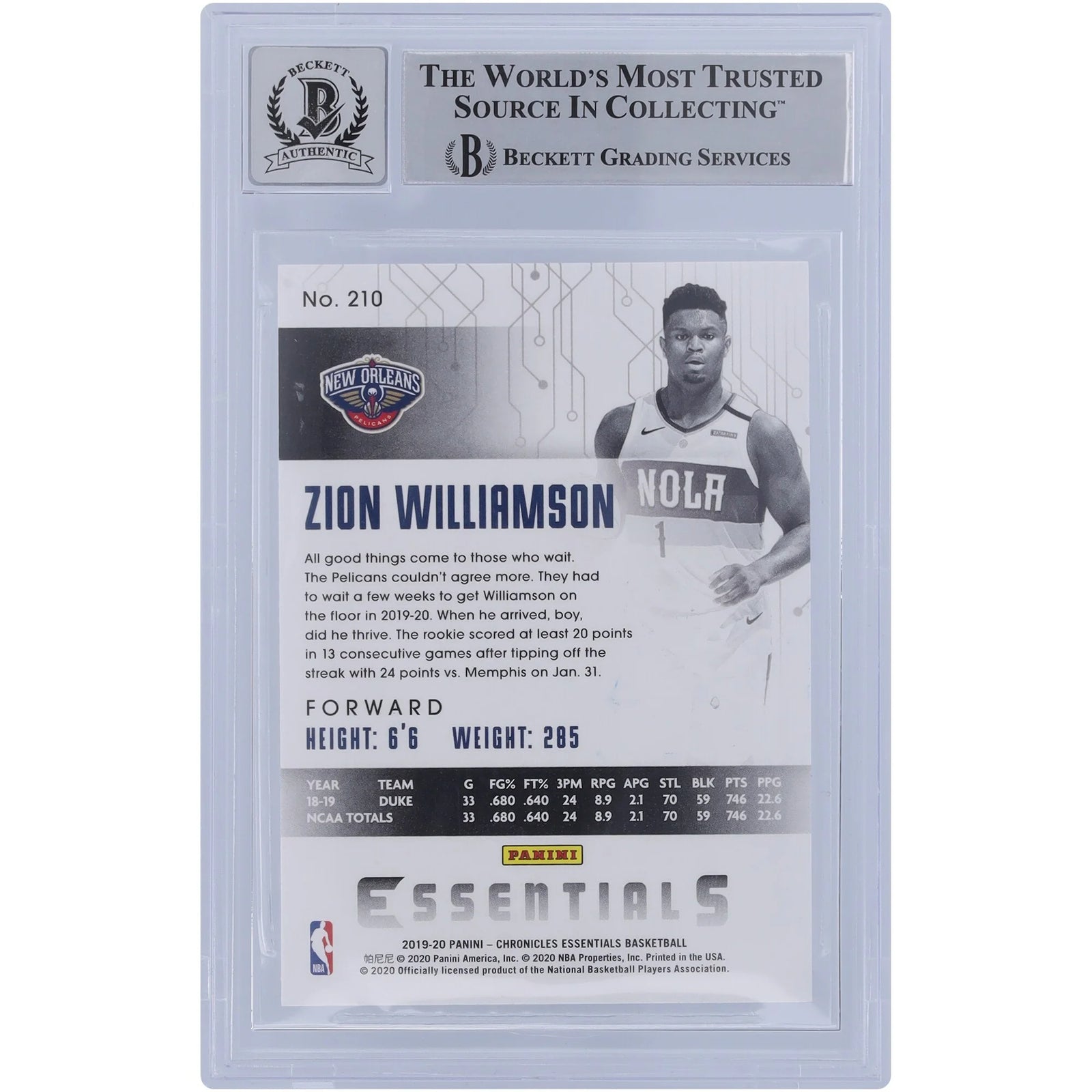 Zion Williamson Signed 2019-20 Panini Chronicles Essentials #210 Rookie Card | BGS 10