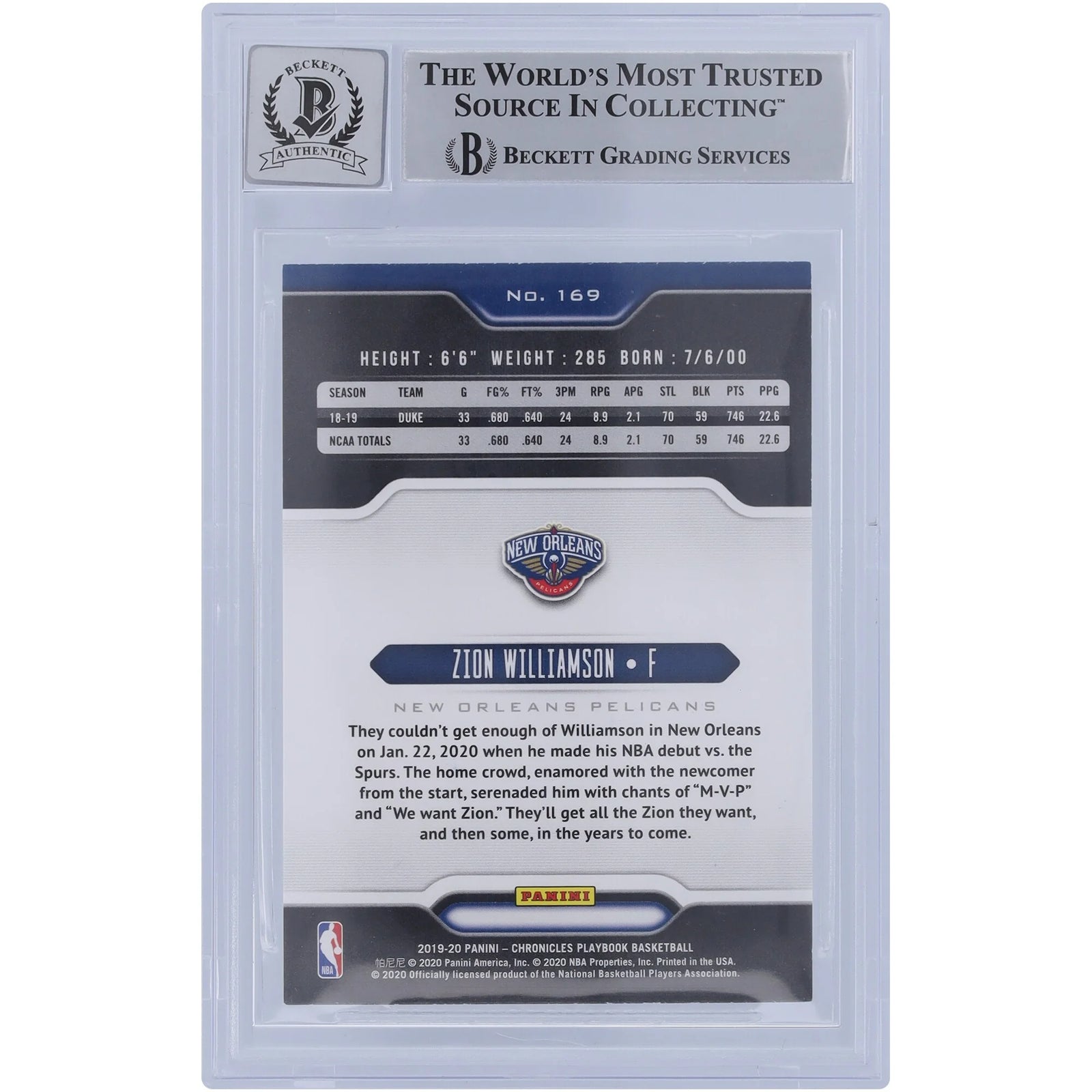 Zion Williamson Signed 2019-20 Panini Chronicles Playbook #169 Rookie Card | BGS 10