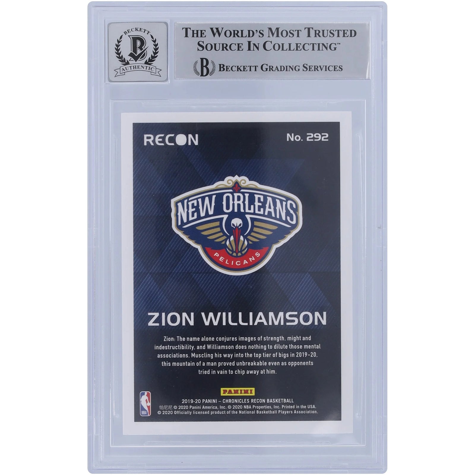 Zion Williamson Signed 2019-20 Panini Chronicles Recon #292 Rookie Card | BGS 10