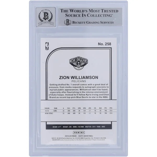 Zion Williamson Signed 2019-20 Panini Hoops #258 Rookie Card | BGS 10