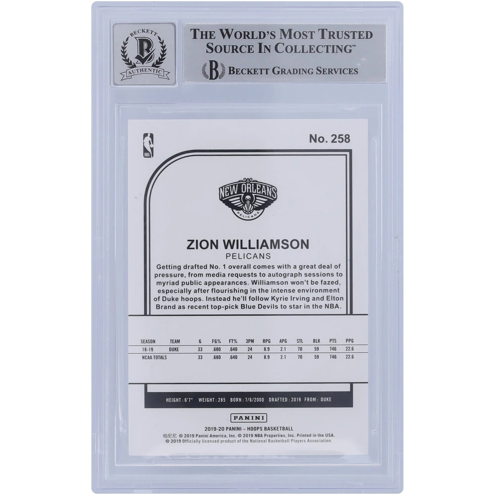 Zion Williamson Signed 2019-20 Panini Hoops #258 Rookie Card | BGS 10