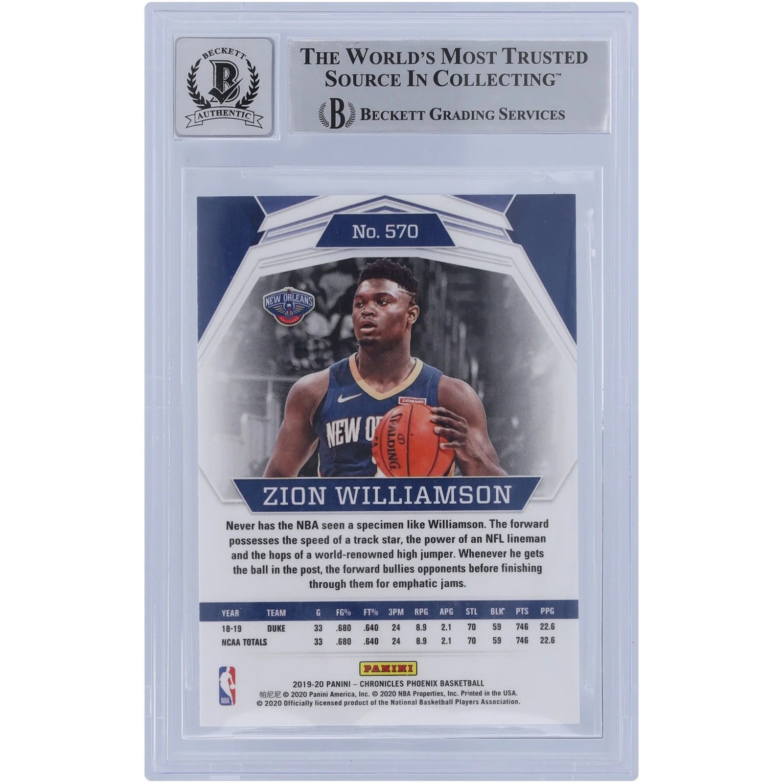 Zion Williamson Signed 2019-20 Panini Phoenix 3 Rookie #570 Card | BGS 10