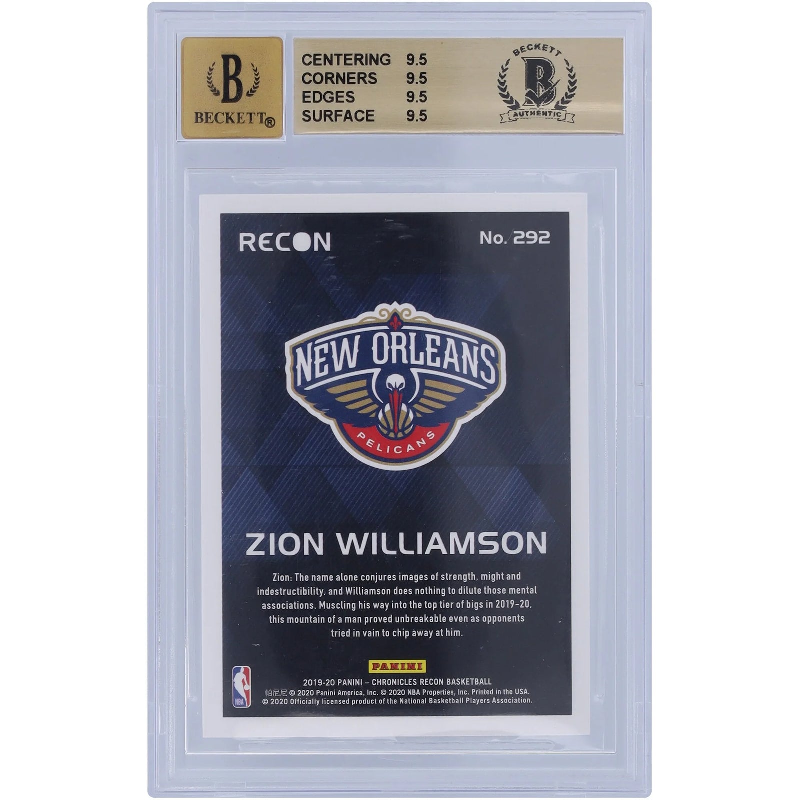 Zion Williamson Signed 2019-20 Panini Chronicles Recon #292 Rookie Card | BGS 9.5