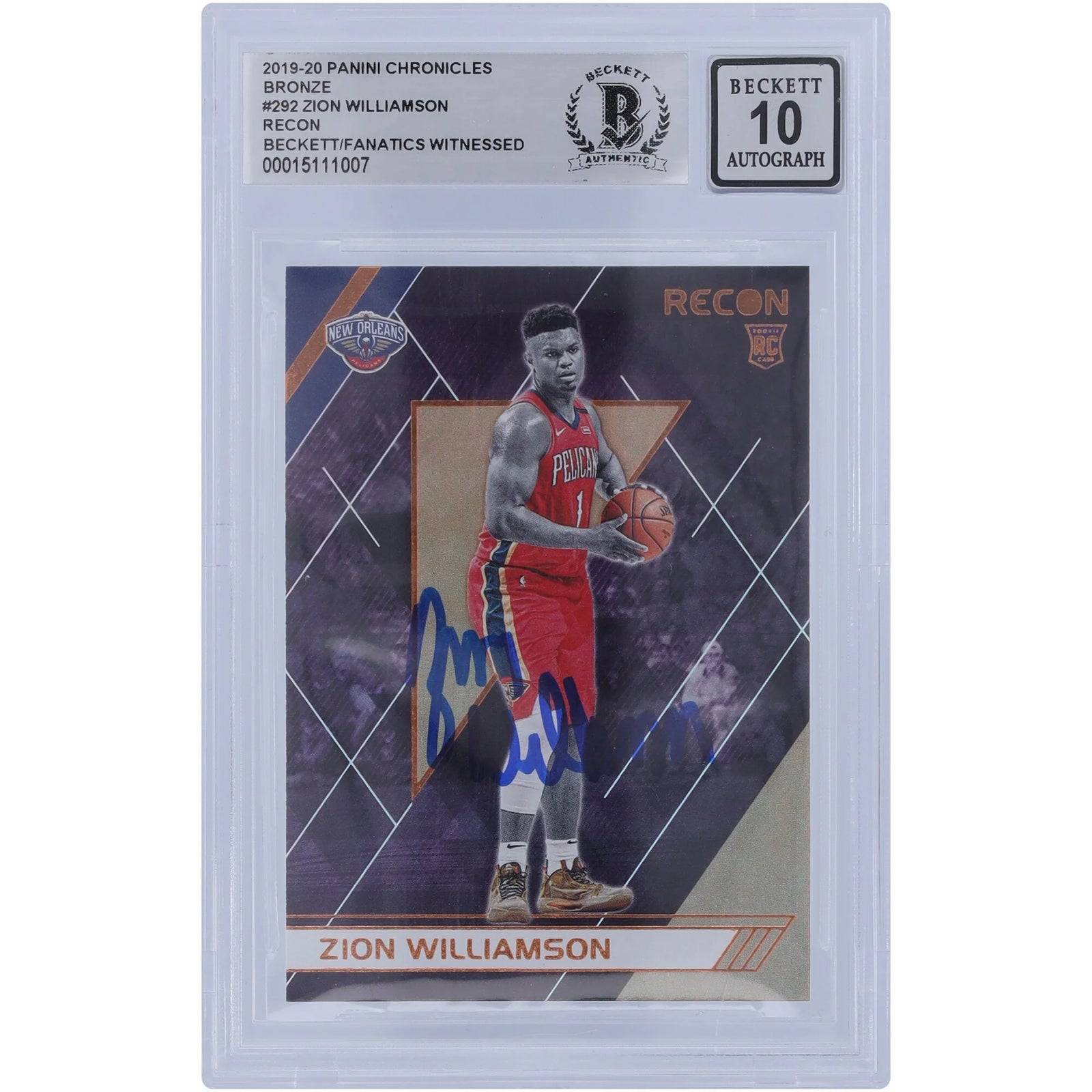 Zion Williamson Signed 2019-20 Panini Chronicles Recon Bronze #292 Rookie Card | BGS 10