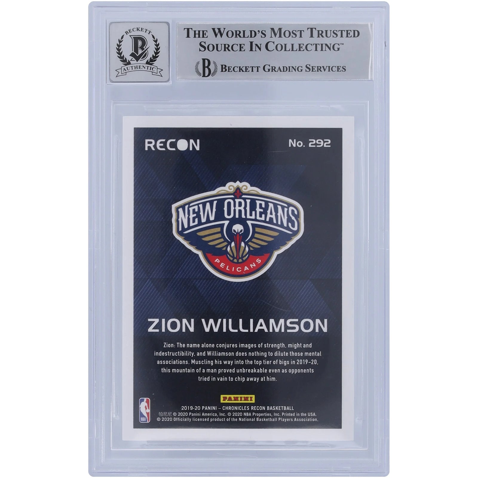 Zion Williamson Signed 2019-20 Panini Chronicles Recon Bronze #292 Rookie Card | BGS 10