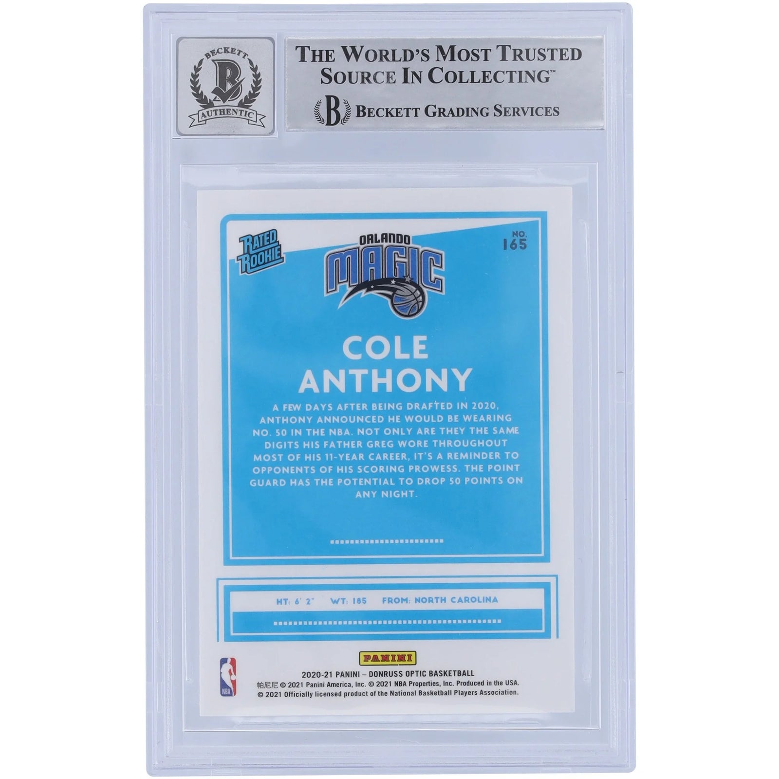 Cole Anthony Signed 2020-21 Panini Donruss Optic #165 Rookie Card | BGS 10 with Go Magic I