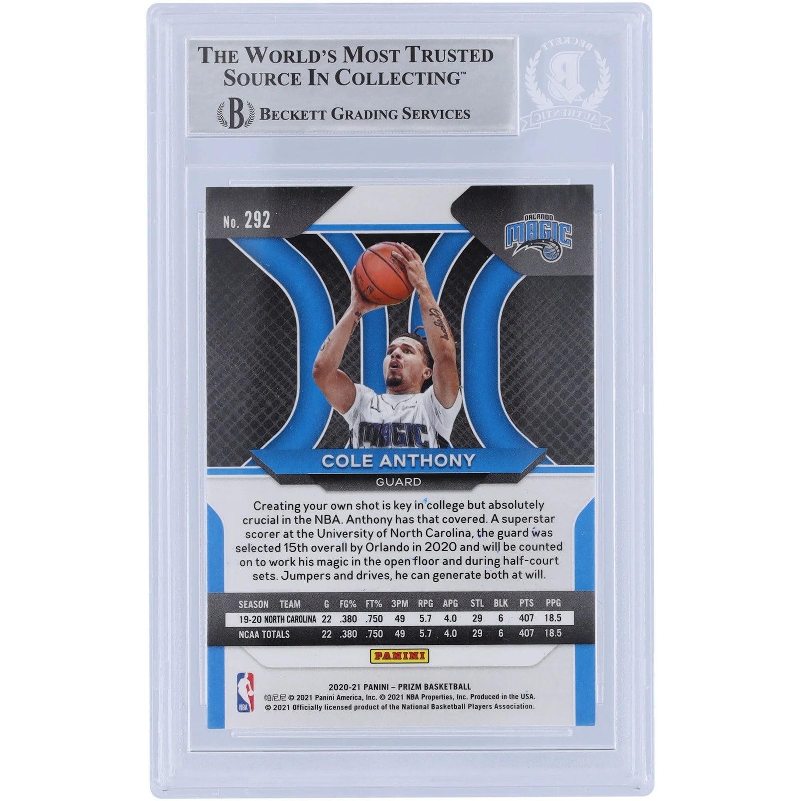 Cole Anthony Signed 2020-21 Panini Prizm #292 Rookie Card | Go Magic Inscription