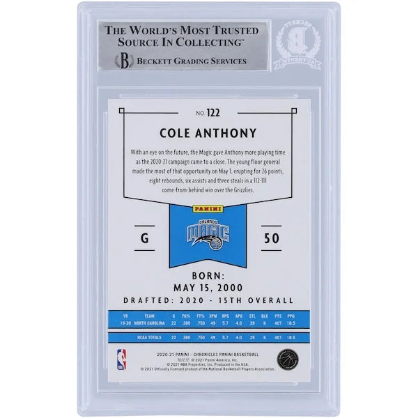 Cole Anthony Signed 2020-21 Panini Chronicles #122 Rookie Card | Beckett Authenticated