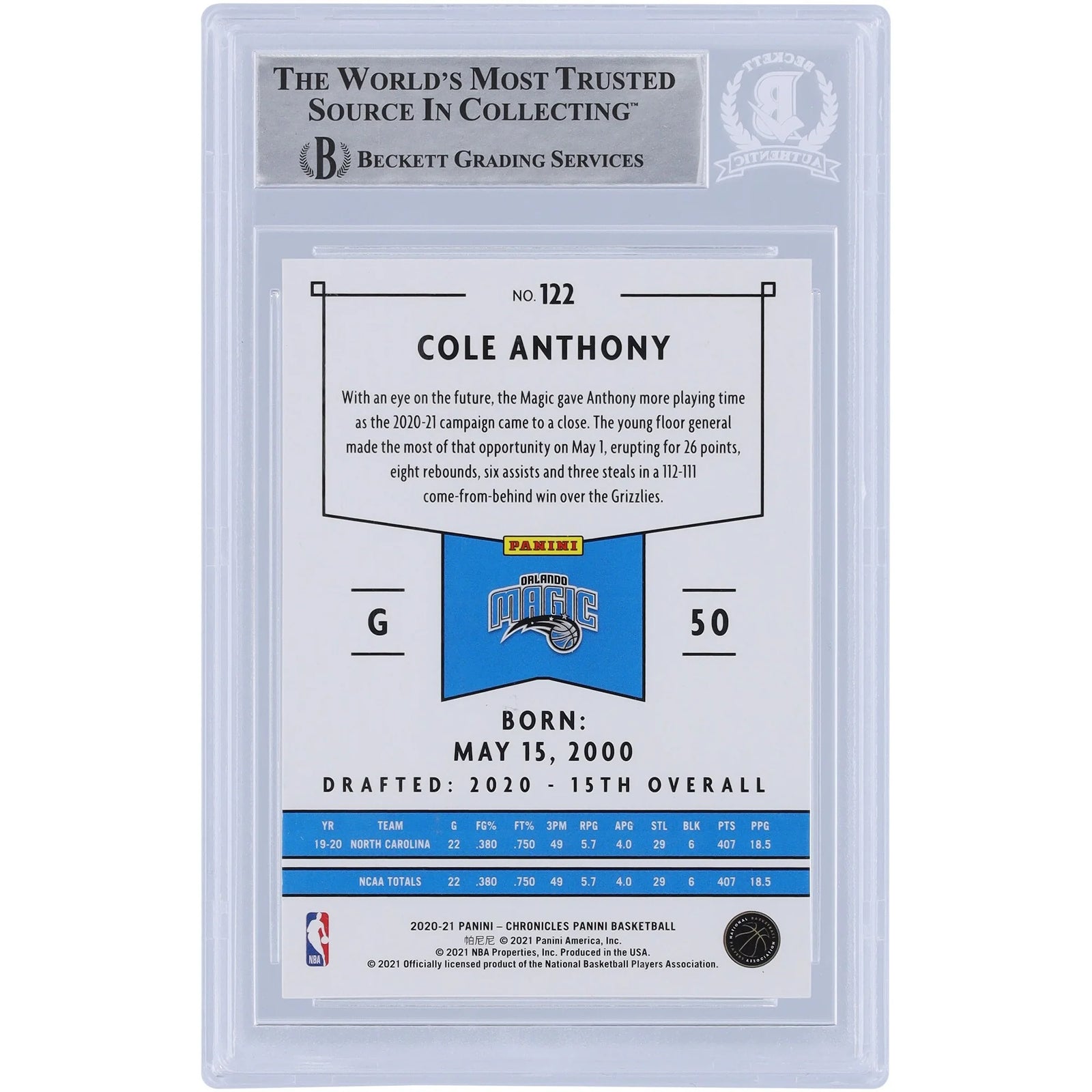 Cole Anthony Signed 2020-21 Panini Chronicles #122 Rookie Card | Beckett Authenticated
