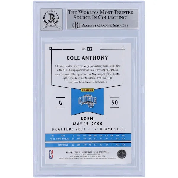 Cole Anthony Signed 2020-21 Panini Chronicles #122 Rookie Card | BGS 10