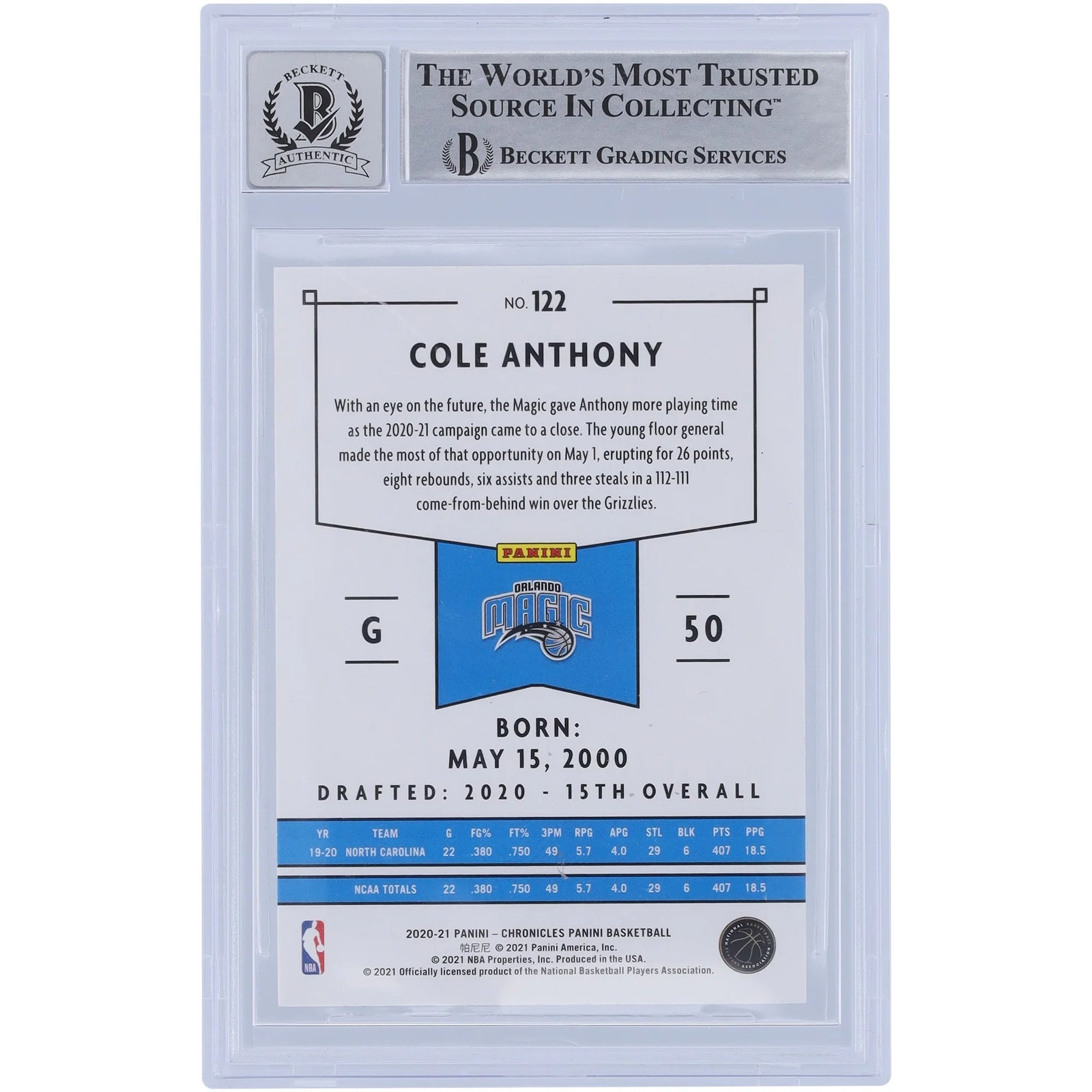 Cole Anthony Signed 2020-21 Panini Chronicles #122 Rookie Card | BGS 10