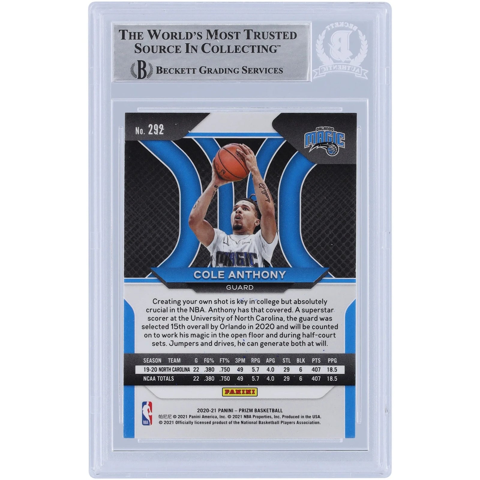 Cole Anthony Signed 2020-21 Panini Prizm #292 Rookie Card | Authenticated
