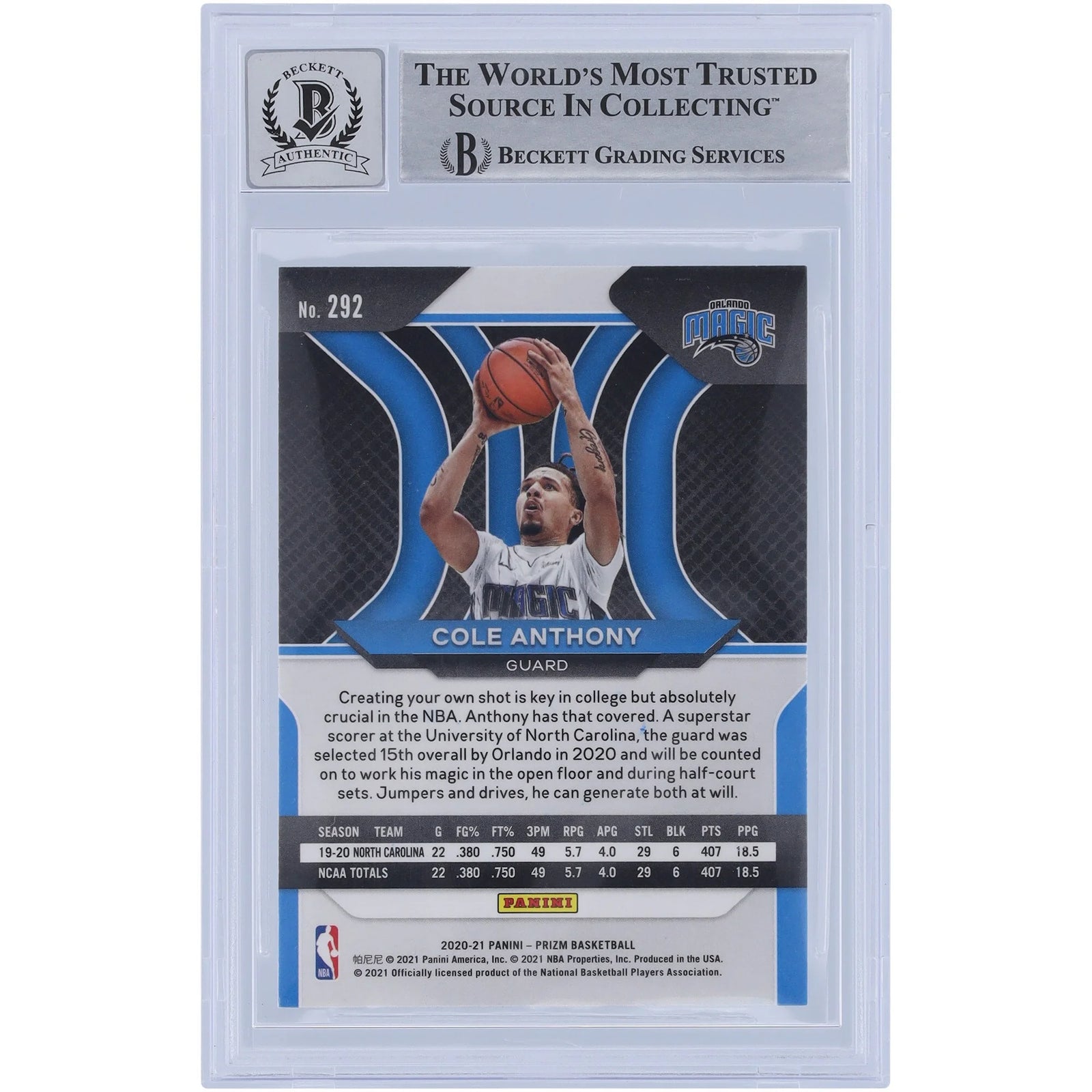 Cole Anthony Signed 2020-21 Panini Prizm #292 Rookie Card | BGS 10
